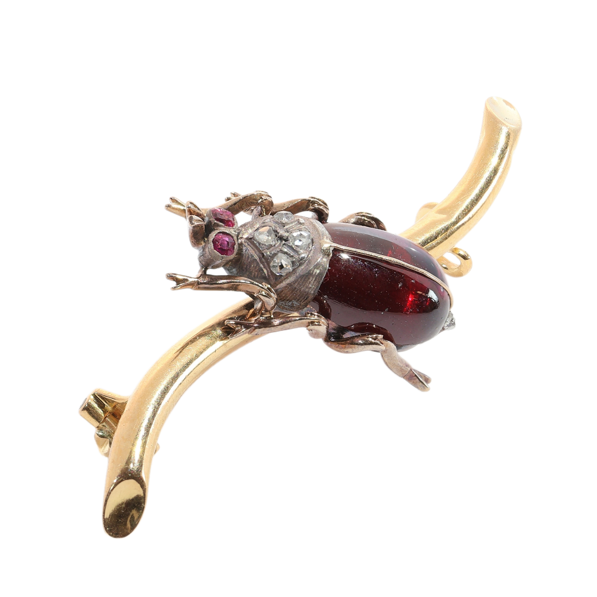 French Victorian Beetle Brooch, A Lively Insect in Garnet, Ruby and Diamonds